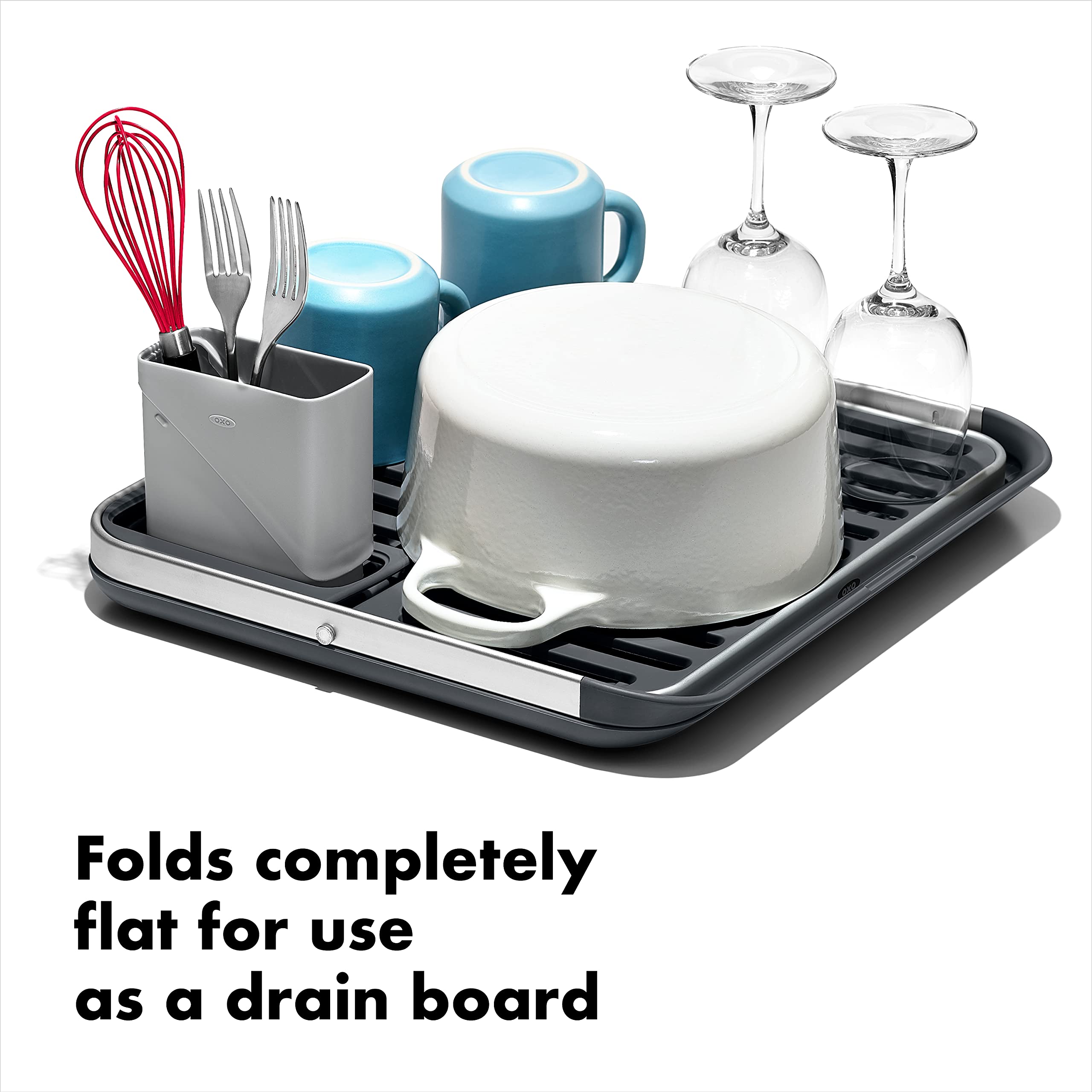 Oxo Good Grips Aluminum Fold Flat Dish Drying Rack, 2-Tier, With Drainboard, For Kitchen Counter, Collapsible